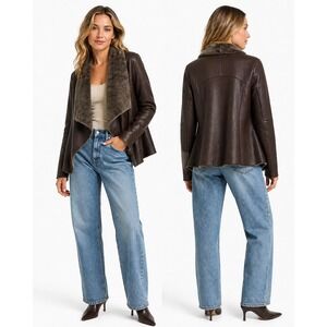 Vince Shearling Jacket Womens Size M Brown Lambskin Leather Draped Luxury Coat